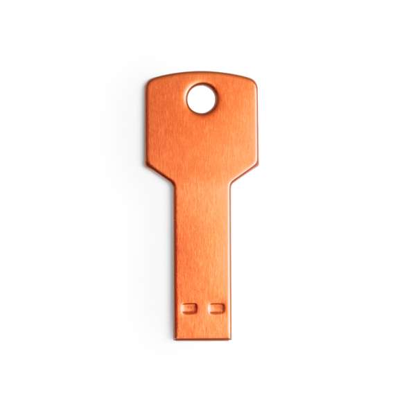 Memoria USB en forma de llave de 16GB de capacidad, de acabado en aluminio brillante y diseñada para llevar en el llavero. Presentada en estuche individual metálico con ventana y suave espuma troquelada.