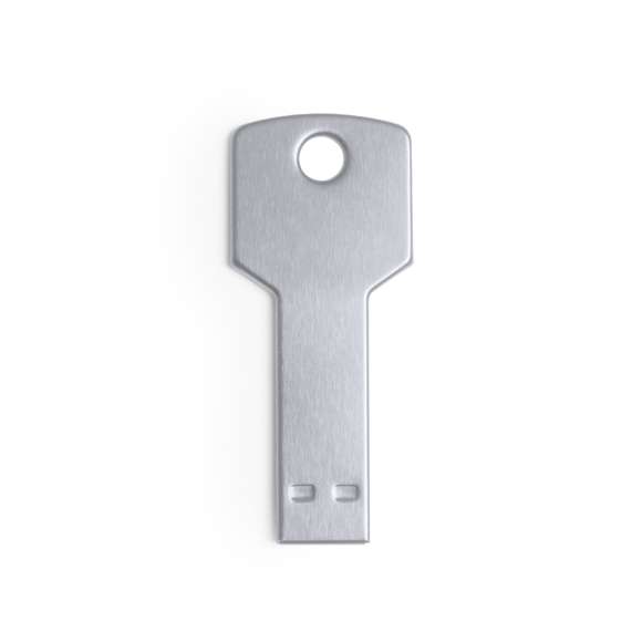 Memoria USB en forma de llave de 16GB de capacidad, de acabado en aluminio brillante y diseñada para llevar en el llavero. Presentada en estuche individual metálico con ventana y suave espuma troquelada.