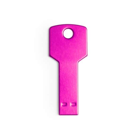 Memoria USB en forma de llave de 16GB de capacidad, de acabado en aluminio brillante y diseñada para llevar en el llavero. Presentada en estuche individual metálico con ventana y suave espuma troquelada.