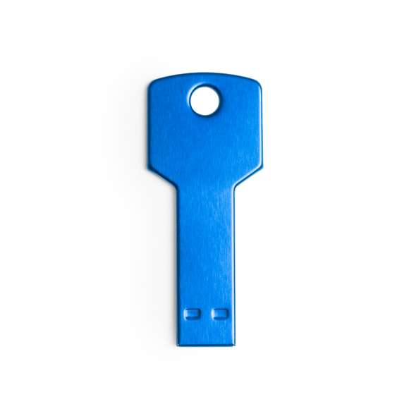 Memoria USB en forma de llave de 16GB de capacidad, de acabado en aluminio brillante y diseñada para llevar en el llavero. Presentada en estuche individual metálico con ventana y suave espuma troquelada.