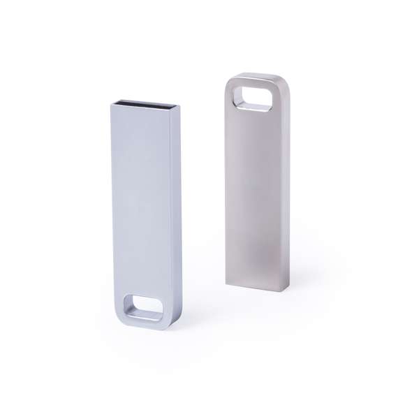 Memoria USB de 16GB de capacidad, de acabado metálico en mate y diseño minimalista, diseñada para llevar en el llavero. Presentada en estuche individual