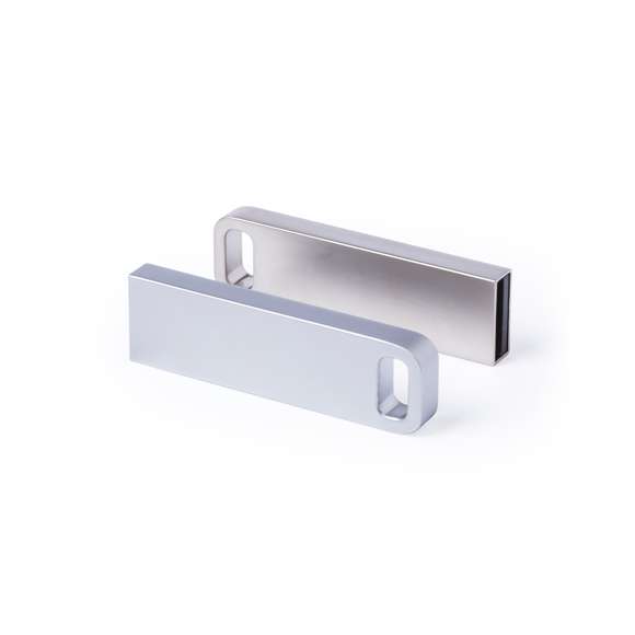 Memoria USB de 16GB de capacidad, de acabado metálico en mate y diseño minimalista, diseñada para llevar en el llavero. Presentada en estuche individual