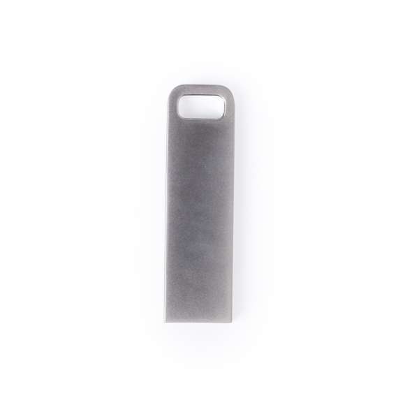 Memoria USB de 16GB de capacidad, de acabado metálico en mate y diseño minimalista, diseñada para llevar en el llavero. Presentada en estuche individual
