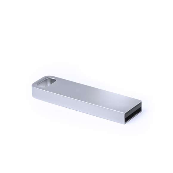 Memoria USB de 16GB de capacidad, de acabado metálico en mate y diseño minimalista, diseñada para llevar en el llavero. Presentada en estuche individual