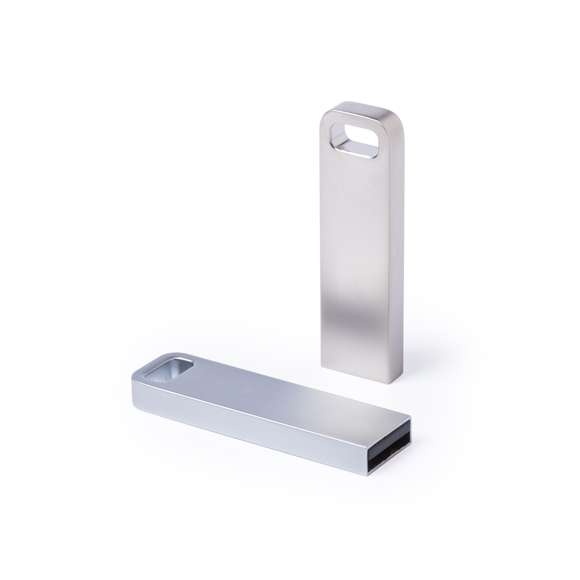 Memoria USB de 16GB de capacidad, de acabado metálico en mate y diseño minimalista, diseñada para llevar en el llavero. Presentada en estuche individual