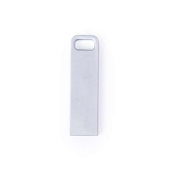 Memoria USB de 16GB de capacidad, de acabado metálico en mate y diseño minimalista, diseñada para llevar en el llavero. Presentada en estuche individual