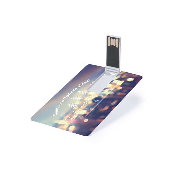 Memoria USB tarjeta de 16GB de capacidad. De diseño ultraplano, mecanismo plegable y especialmente diseñada para marcaje a todo color en digital. Presentada en elegante funda individual de polipiel blanca.