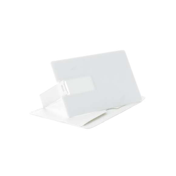 Memoria USB tarjeta de 16GB de capacidad. De diseño ultraplano, mecanismo plegable y especialmente diseñada para marcaje a todo color en digital. Presentada en elegante funda individual de polipiel blanca.