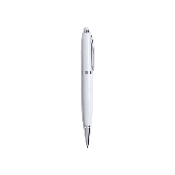 Bolígrafo tecnológico multifunción en sobrios colores, con memoria USB de 16GB de capacidad integrada en la capucha y puntero de suave goma a juego. Cuerpo en acabado métálico brillante, de apertura giratoria y con tinta azul. Presentado en elegante caja de cartón de color blanco con cierre magnético y suave espuma troquelada.