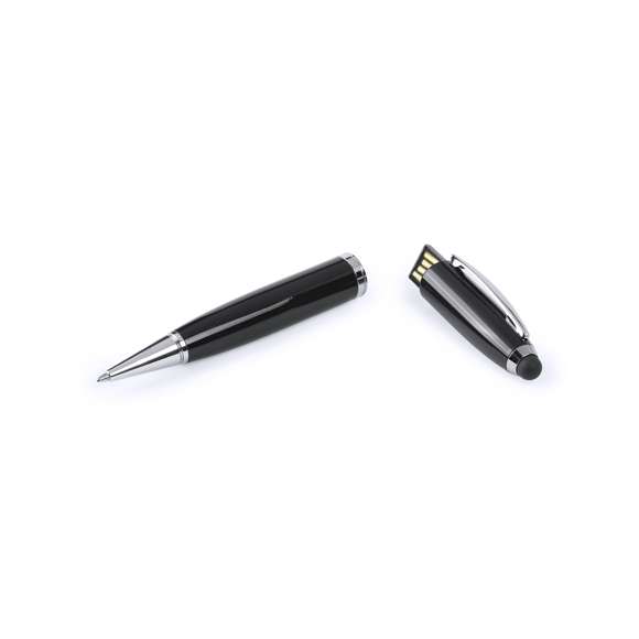 Bolígrafo tecnológico multifunción en sobrios colores, con memoria USB de 16GB de capacidad integrada en la capucha y puntero de suave goma a juego. Cuerpo en acabado métálico brillante, de apertura giratoria y con tinta azul. Presentado en elegante caja de cartón de color blanco con cierre magnético y suave espuma troquelada.