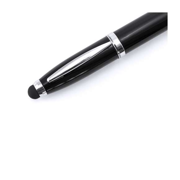 Bolígrafo tecnológico multifunción en sobrios colores, con memoria USB de 16GB de capacidad integrada en la capucha y puntero de suave goma a juego. Cuerpo en acabado métálico brillante, de apertura giratoria y con tinta azul. Presentado en elegante caja de cartón de color blanco con cierre magnético y suave espuma troquelada.
