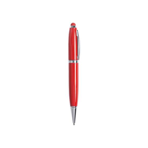 Bolígrafo tecnológico multifunción en sobrios colores, con memoria USB de 16GB de capacidad integrada en la capucha y puntero de suave goma a juego. Cuerpo en acabado métálico brillante, de apertura giratoria y con tinta azul. Presentado en elegante caja de cartón de color blanco con cierre magnético y suave espuma troquelada.