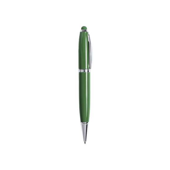 Bolígrafo tecnológico multifunción en sobrios colores, con memoria USB de 16GB de capacidad integrada en la capucha y puntero de suave goma a juego. Cuerpo en acabado métálico brillante, de apertura giratoria y con tinta azul. Presentado en elegante caja de cartón de color blanco con cierre magnético y suave espuma troquelada.