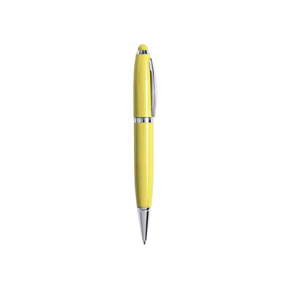 Bolígrafo tecnológico multifunción en sobrios colores, con memoria USB de 16GB de capacidad integrada en la capucha y puntero de suave goma a juego. Cuerpo en acabado métálico brillante, de apertura giratoria y con tinta azul. Presentado en elegante caja de cartón de color blanco con cierre magnético y suave espuma troquelada.