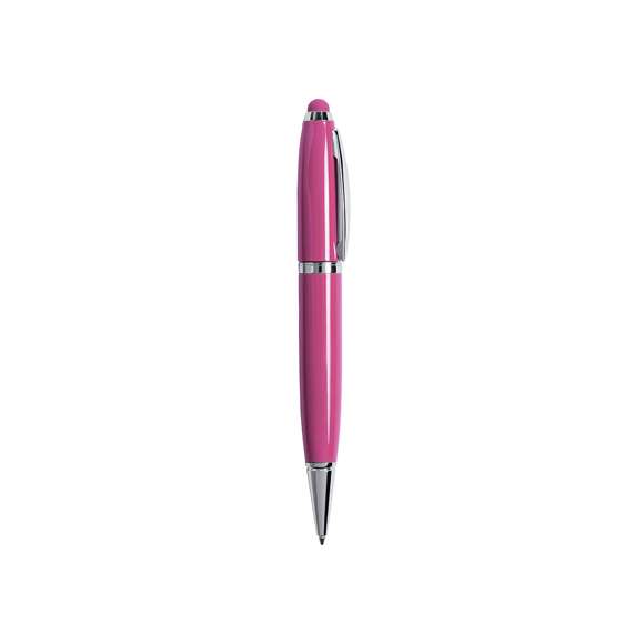 Bolígrafo tecnológico multifunción en sobrios colores, con memoria USB de 16GB de capacidad integrada en la capucha y puntero de suave goma a juego. Cuerpo en acabado métálico brillante, de apertura giratoria y con tinta azul. Presentado en elegante caja de cartón de color blanco con cierre magnético y suave espuma troquelada.