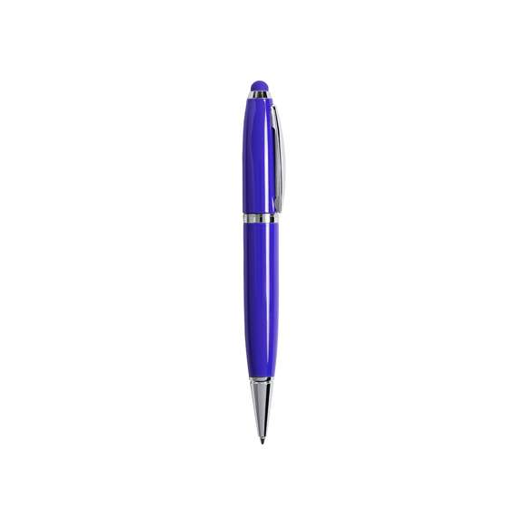 Bolígrafo tecnológico multifunción en sobrios colores, con memoria USB de 16GB de capacidad integrada en la capucha y puntero de suave goma a juego. Cuerpo en acabado métálico brillante, de apertura giratoria y con tinta azul. Presentado en elegante caja de cartón de color blanco con cierre magnético y suave espuma troquelada.