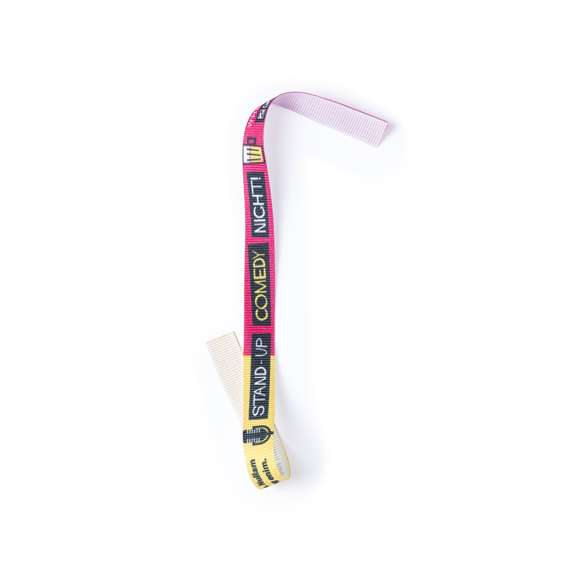 Pulsera en resistente y suave poliéster, especialmente diseñada para personalización total en sublimación para pedidos a partir de 250 piezas.