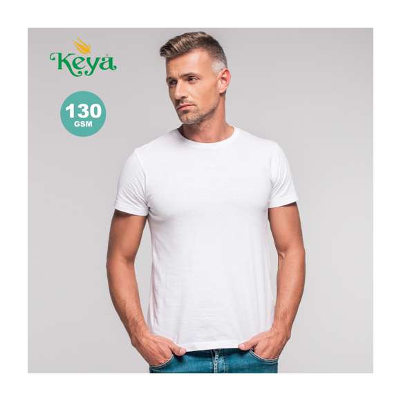 Camiseta de adulto Keya MC130 confeccionada en suave 100% algodón de 130g/m2. Disponible en color blanco y en tallas S, M, L, XL, XXL.