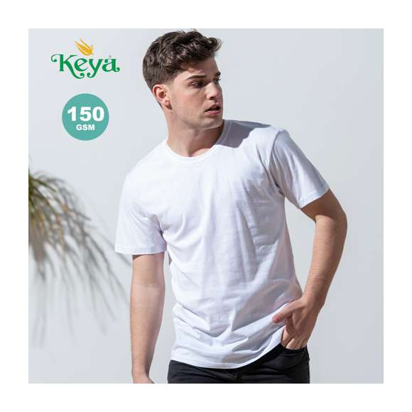 Camiseta de adulto Keya MC150 confeccionada en suave 100% algodón de 150g/m2. Disponible en color blanco y en tallas S, M, L, XL, XXL.