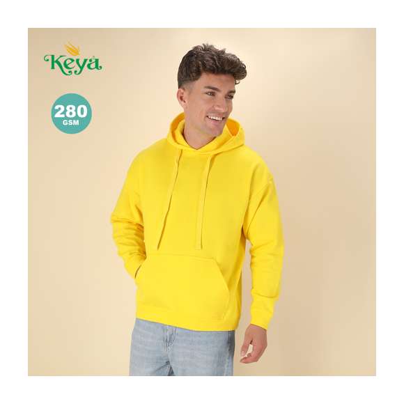 Sudadera para adulto Keya SWP280 en combinación de materiales algodón y poliéster de 280g/m2. Con capucha, cordones a juego y bolsillo frontal. Disponible en extensa gama de vivos colores y en tallas S, M, L, XL, XXL, 3XL.