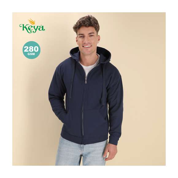 Sudadera para adulto con capucha y cierre de cremallera de Keya SWZ280. En combinación de materiales algodón y poliéster de 280g/m2. Con cordones a juego y 2 bolsillos frontales. Disponible en extensa gama de vivos colores y en tallas S, M, L, XL, XXL, 3XL.