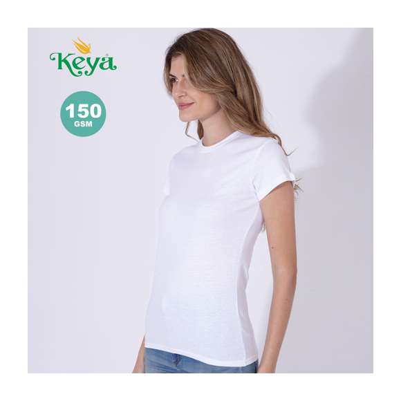 Camiseta para mujer Keya WCS150. En material 100% algodón de 150g/m2. Disponible en color blanco y en tallas S, M, L, XL, XXL.