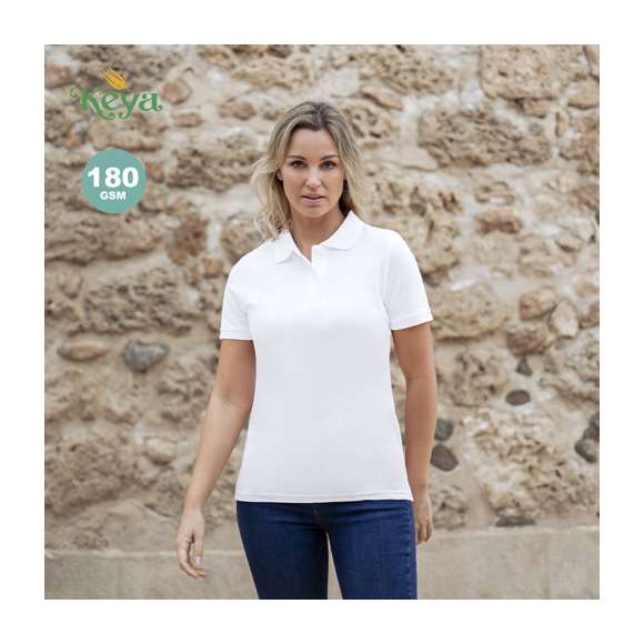 Polo de piqué para mujer de Keya WPS180. En material 100% algodón de 180g/m2. Con dos botones de cierre a juego y disponible en color blanco. Tallas S, M, L, XL, XXL.