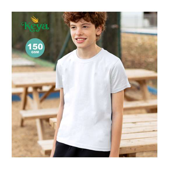 Camiseta para niño Keya YC150. En material 100% algodón de 150g/m2. Disponible en color blanco y en tallas XS, S, M, L, XL.