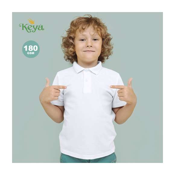 Polo de piqué para niño de Keya YPS180. En material 100% algodón de 180g/m2. Con dos botones de cierre a juego y disponible en color blanco. TallasXS, S, M, L, XL.