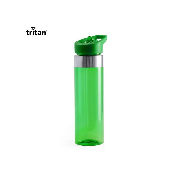 Bidón en alta calidad y de gran capacidad -650 ml- en material tritán resistente al calor y libre de BPA. Con anilla de acero inoxidable y papón dosificador a rosca, con asa integrada a juego. Disponible en variada gama de colores transparentes.