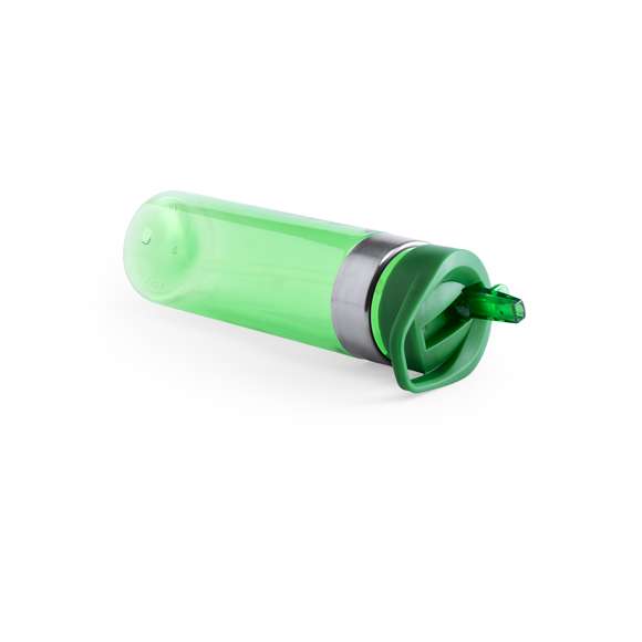 Bidón en alta calidad y de gran capacidad -650 ml- en material tritán resistente al calor y libre de BPA. Con anilla de acero inoxidable y papón dosificador a rosca, con asa integrada a juego. Disponible en variada gama de colores transparentes.