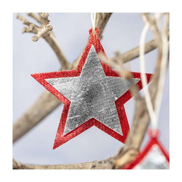 Set de figuras navideñas para colgar en material non-woven. Incluye árbol de navidad y estrella.