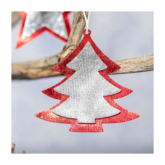 Set de figuras navideñas para colgar en material non-woven. Incluye árbol de navidad y estrella.