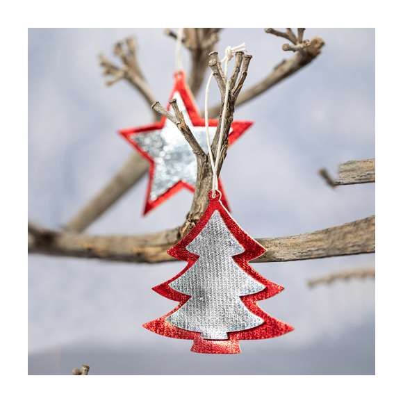 Set de figuras navideñas para colgar en material non-woven. Incluye árbol de navidad y estrella.