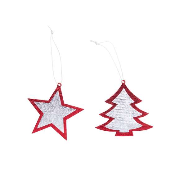 Set de figuras navideñas para colgar en material non-woven. Incluye árbol de navidad y estrella.