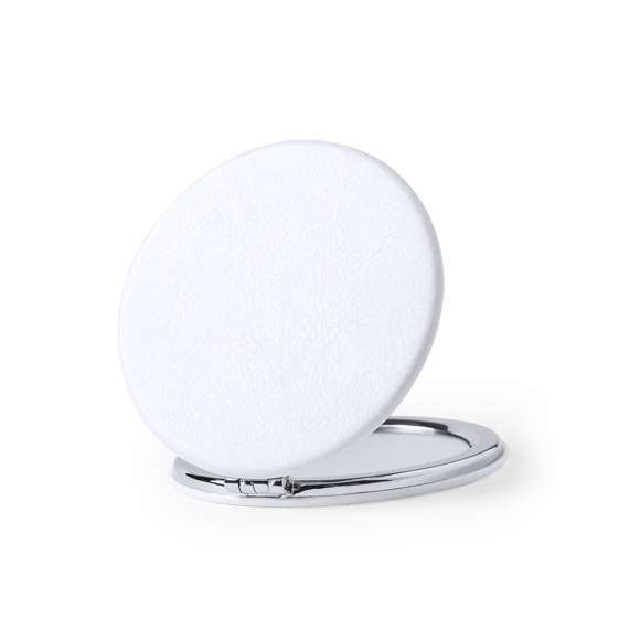  	Espejo plegable en elegante acabado de polipiel blanca. Con dos espejos interiores: 1X y aumento 2X.