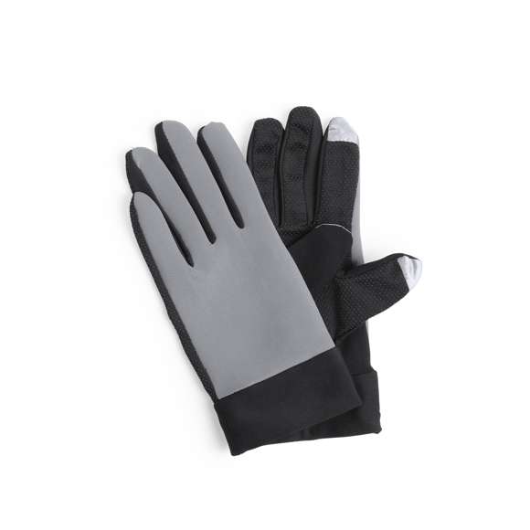 Par de guantes deportivos fabricados en resistente poliéster y licra. En diseño bicolor, con base en negro y detalles a color. Agarre en palma y función táctil en dedos índice y pulgar. Talla única para adultos.