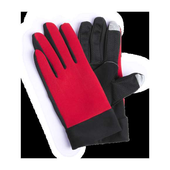 Par de guantes deportivos fabricados en resistente poliéster y licra. En diseño bicolor, con base en negro y detalles a color. Agarre en palma y función táctil en dedos índice y pulgar. Talla única para adultos.