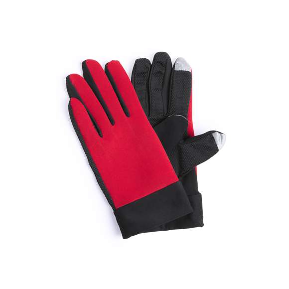 Par de guantes deportivos fabricados en resistente poliéster y licra. En diseño bicolor, con base en negro y detalles a color. Agarre en palma y función táctil en dedos índice y pulgar. Talla única para adultos.