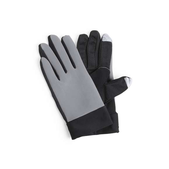 Par de guantes deportivos fabricados en resistente poliéster y licra. En diseño bicolor, con base en negro y detalles a color. Agarre en palma y función táctil en dedos índice y pulgar. Talla única para adultos.