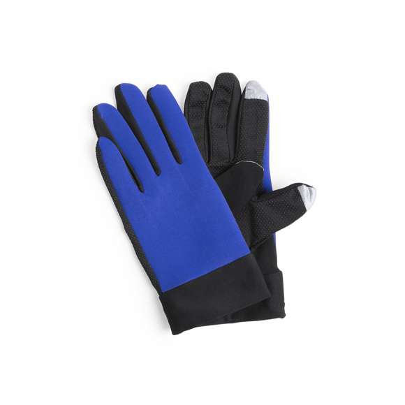 Par de guantes deportivos fabricados en resistente poliéster y licra. En diseño bicolor, con base en negro y detalles a color. Agarre en palma y función táctil en dedos índice y pulgar. Talla única para adultos.