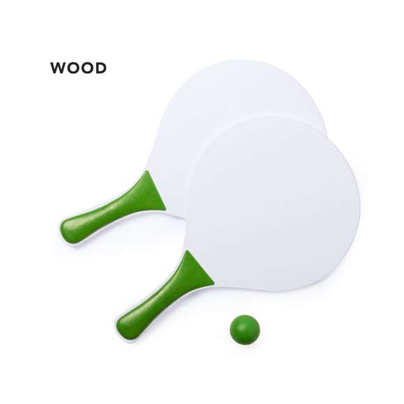  	Par de palas de playa en madera natural blanca. Con mango reforzado en variada gama de vivos colores. Presentadas en bolsa redecilla con pelota a juego.