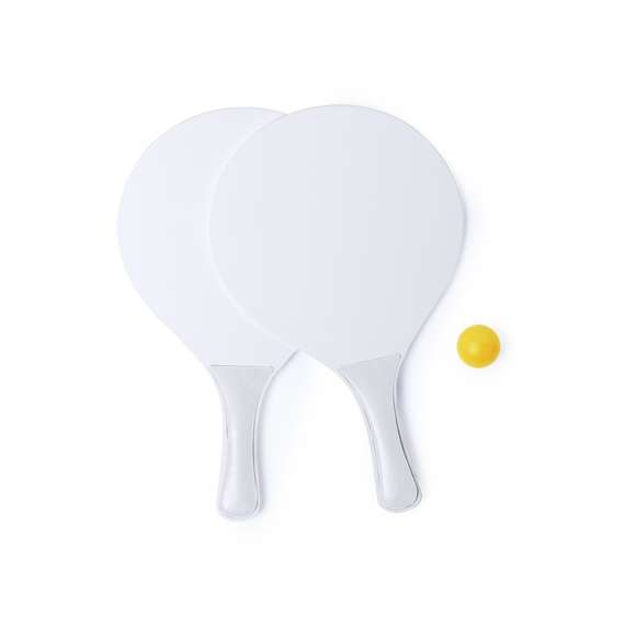  	Par de palas de playa en madera natural blanca. Con mango reforzado en variada gama de vivos colores. Presentadas en bolsa redecilla con pelota a juego.