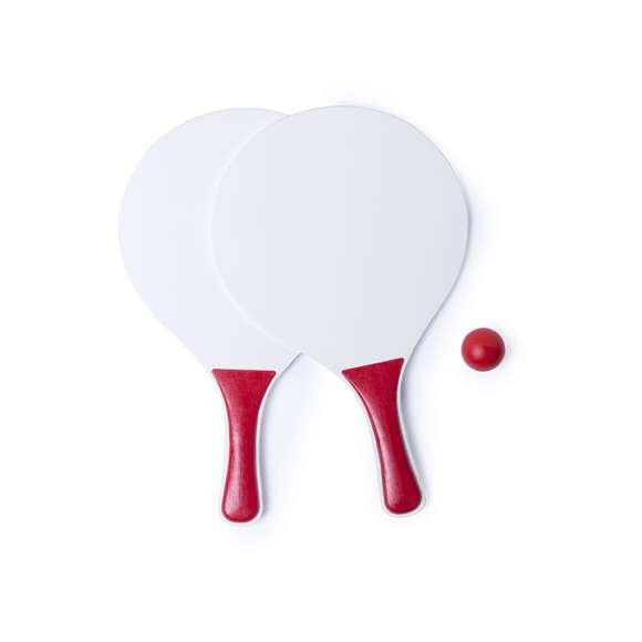  	Par de palas de playa en madera natural blanca. Con mango reforzado en variada gama de vivos colores. Presentadas en bolsa redecilla con pelota a juego.