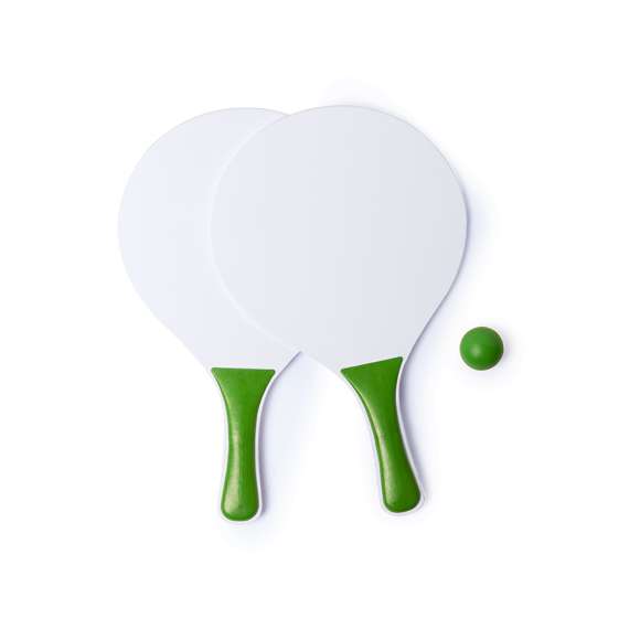  	Par de palas de playa en madera natural blanca. Con mango reforzado en variada gama de vivos colores. Presentadas en bolsa redecilla con pelota a juego.