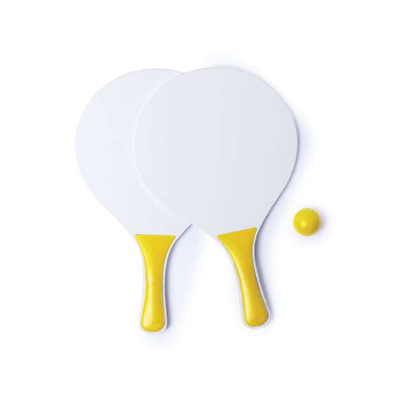  	Par de palas de playa en madera natural blanca. Con mango reforzado en variada gama de vivos colores. Presentadas en bolsa redecilla con pelota a juego.