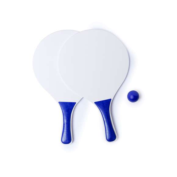  	Par de palas de playa en madera natural blanca. Con mango reforzado en variada gama de vivos colores. Presentadas en bolsa redecilla con pelota a juego.