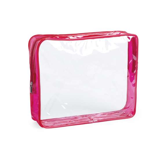Neceser multiusos en resistente material PVC. Diseño en combinación de materiales translúcidos y transparentes. Disponible en vivos colores, con cierre de cremallera a juego.