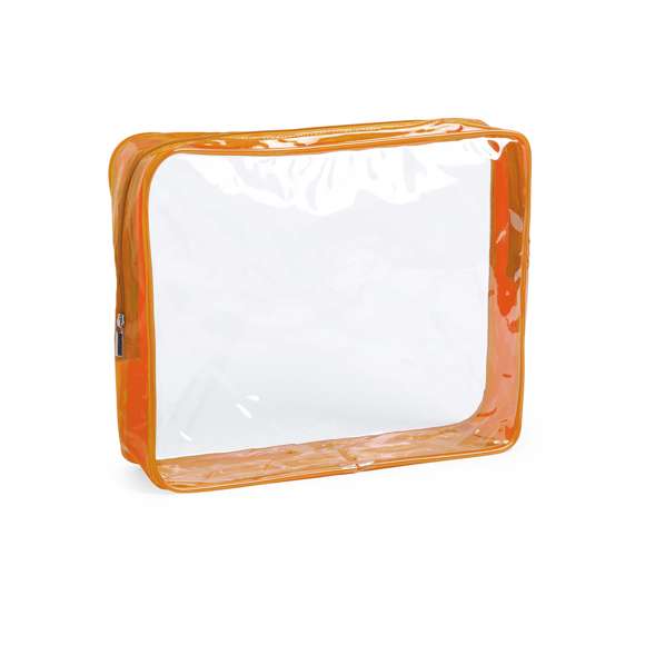 Neceser multiusos en resistente material PVC. Diseño en combinación de materiales translúcidos y transparentes. Disponible en vivos colores, con cierre de cremallera a juego.