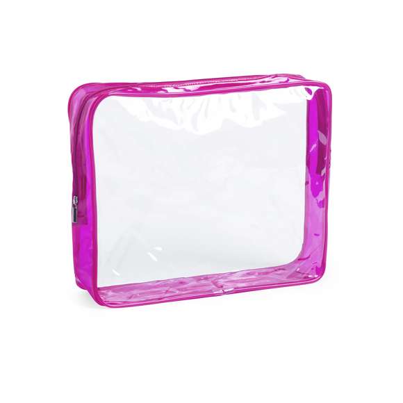 Neceser multiusos en resistente material PVC. Diseño en combinación de materiales translúcidos y transparentes. Disponible en vivos colores, con cierre de cremallera a juego.
